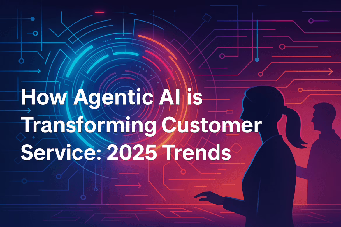 Futuristic digital illustration of agentic AI interacting with humans with neon colors representing technology trends for customer service in 2025.